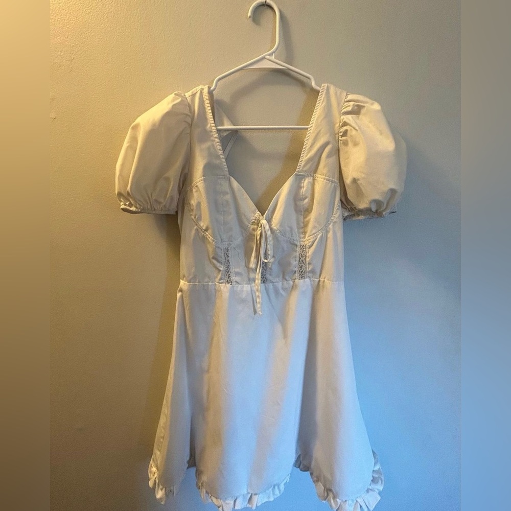 White Dress with Puffy Sleeves, Lacy Cutouts, & an Open Back from SHEIN